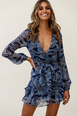 Kerry Layered Balloon Sleeve Dress Flower Pattern Navy