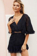 Caspar Cape Sleeve Leaf Embroidered Dress Navy