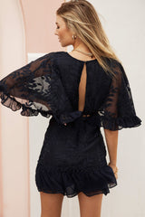 Caspar Cape Sleeve Leaf Embroidered Dress Navy