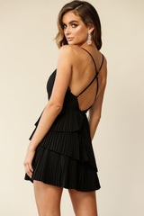 Mercy Surplice Neckline Accordion Pleat Dress Black