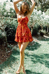 Geordie Ruched Bust Frill Trim Dress Floral Print Red Multi