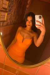 Good Vibes Deep V-Neckline Ruched Mini Dress Peach