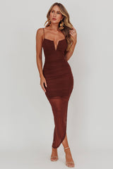 Good Vibes V-Bust Sheer Split Midi Dress Chocolate