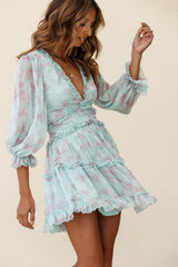 Laney Cutout Back Ruffle Trim Dress Leaves Print Mint