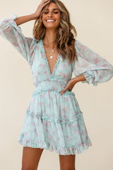 Laney Cutout Back Ruffle Trim Dress Leaves Print Mint