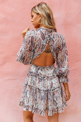 Laney Cutout Back Ruffle Trim Dress Paisley Print Navy