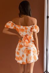 Linka Puff Sleeve Waist Tie Dress Floral Orange