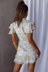 Lark High Neck Ruffle Sleeve Dress Flower Print Aqua