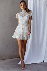 Lark High Neck Ruffle Sleeve Dress Flower Print Aqua