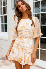 Leona Half Sleeve Frill Trim Dress Leaf Print Yellow Multi