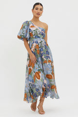 Jayni Puffed One Shoulder Midi Dress Blue