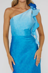 Mariyan One Shoulder Rose Maxi Dress Blue