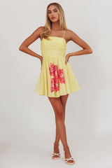 Festivity Flared Bow Floral Mini Dress Yellow