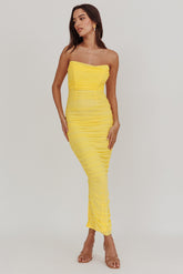 Midwest Strapless Gathered Mesh Maxi Dress Lemon