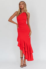 Bold Love One-Shoulder Asymmetric Hem Dress Red