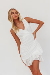 Cherish The Moment Ruched Ruffle Hail Spot Dress White