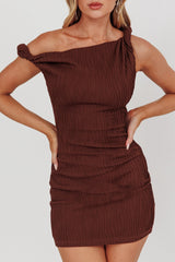 Lingering Love One-Shoulder Mini Dress Brown
