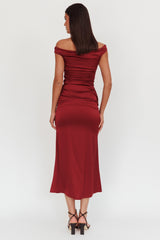 In Blooms Off Shoulder Satin Maxi Dress Wine