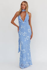 Cipriana Backless Halter Maxi Dress Embellished Blue