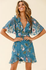 June Angel Sleeve Ruffle Detail Dress Floral Print Teal
