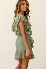 Deandra Ruffle Insert Waist Tie Dress Dash Pattern Olive