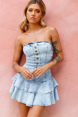 Cathlin Strapless Gold Button Detail Dress Washed Blue