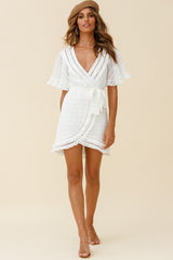 Hastings Angel Sleeve Faux Wrap Dress White