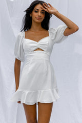 Catch Feelings Sweetheart Neckline Puff Sleeve Dot Trim Dress White