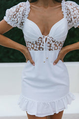 Field Dreams Puff Sleeve Tie-Up Bodice Floral Embroidery Mini Dress White