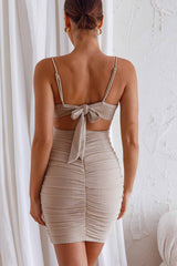 Friday Night Wrap Style Ruched Dress Sparkly Beige