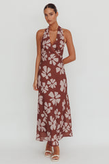 Italia Azure Halterneck Floral Maxi Dress Brown