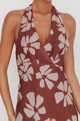 Italia Azure Halterneck Floral Maxi Dress Brown