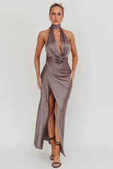 Italia Azure Halterneck Rosette Maxi Dress Grey