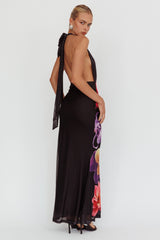 Italia Azure Halterneck Maxi Dress Flowers Black