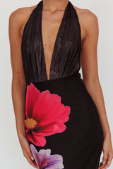 Italia Azure Halterneck Maxi Dress Flowers Black