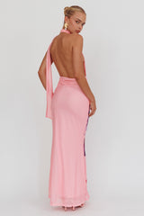 Italia Azure Halterneck Maxi Dress Flowers Pink