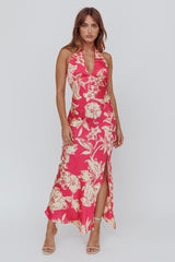 Brighter Days Halterneck Split Midi Dress Fuchsia