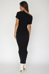 Kaelyn Asymmetric Neck Knit Maxi Dress Black