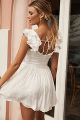 Lola Ruffle Shoulder Ruched Dress White
