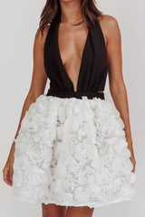 Juliette Plunging Halter Rosette Dress White/Black