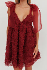 Lisette Tied Shoulder Embellished Mini Dress Wine