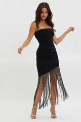 Glitz Asymmetrical Fringe Hem Dress Black