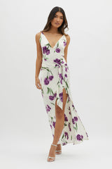 Corinna Tied Waist Split Dress Floral Purple