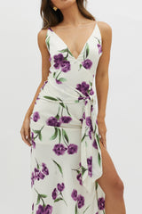 Corinna Tied Waist Split Dress Floral Purple