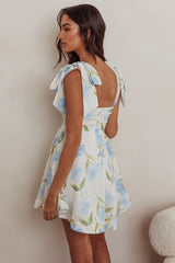 Jeanie Tied Shoulder Mini Dress Flower Blue