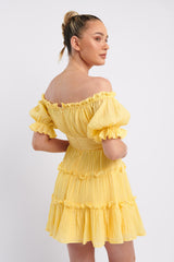 Everley Puff Sleeve Mini Dress Lemon