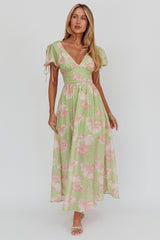 Loveberry Puff Sleeve A-Line Maxi Dress Green