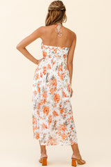 Los Feliz Tied Bust Halterneck Midi Dress Floral Print Orange