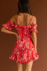 Maranda Bardot Lace-Up Bust Dress Dainty Floral Red