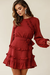 Dusk Long Sleeve Waist Tie Frill Dress Thin Stripe Wine